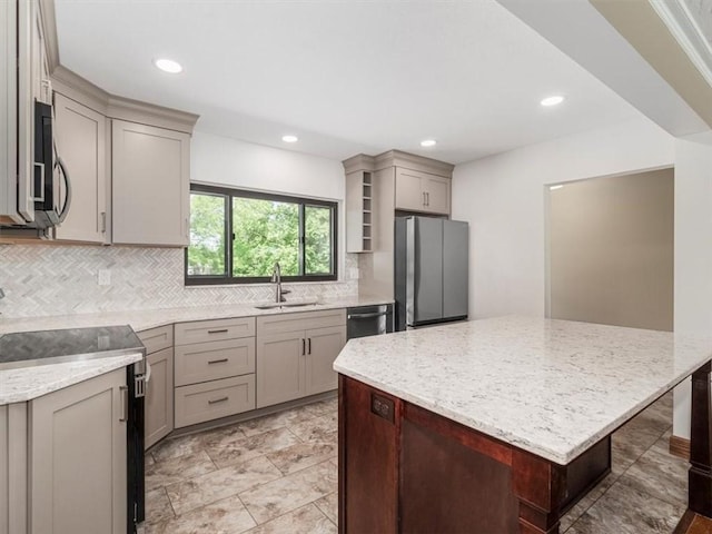 330 Center Grange Rd, Center Twp Bea, PA 15061 - kitchen featuring appliances with stainless steel finishes, a sink, gray cabinets, tasteful backsplash, and open shelves