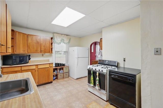 159 2nd Ave, Ross Twp, PA 15229 - kitchen featuring black appliances, open shelves, light flooring, light countertops, and a drop ceiling