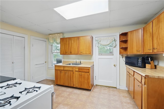 159 2nd Ave, Ross Twp, PA 15229 - kitchen featuring black microwave, white gas range, light countertops, a sink, and open shelves
