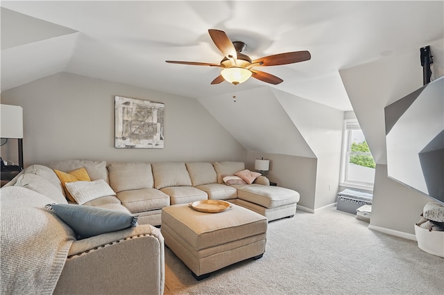 2511 Mission St, South Side, PA 15203 - living area with lofted ceiling, a ceiling fan, carpet floors, and baseboards