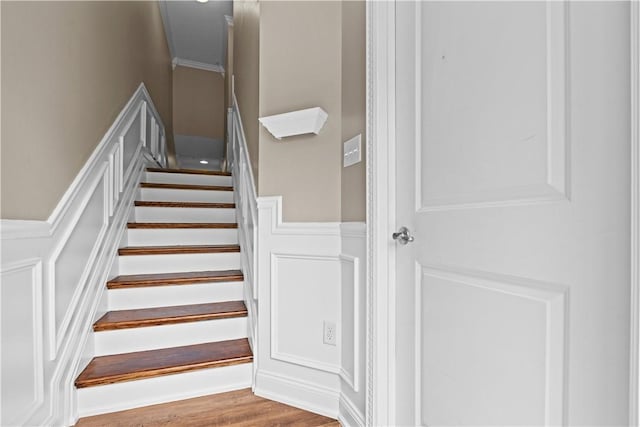 302 Pointe View Dr, Adams Twp, PA 16046 - stairs featuring a decorative wall, wood finished floors, ornamental molding, and a wainscoted wall