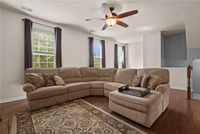 302 Pointe View Dr, Adams Twp, PA 16046 - living area with dark wood finished floors, a ceiling fan, and baseboards