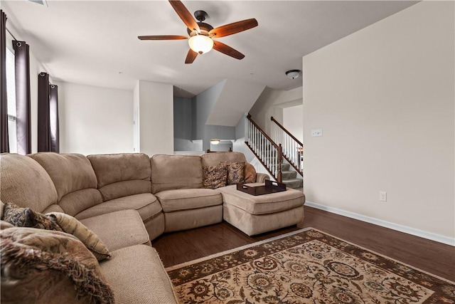 302 Pointe View Dr, Adams Twp, PA 16046 - living room with ceiling fan, wood finished floors, stairway, and baseboards