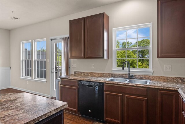 302 Pointe View Dr, Adams Twp, PA 16046 - kitchen with dishwasher, a sink, dark brown cabinets, and dark wood-type flooring
