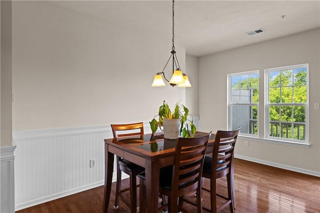 302 Pointe View Dr, Adams Twp, PA 16046 - dining space with a wainscoted wall, dark wood-style flooring, and baseboards
