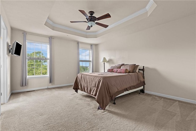 302 Pointe View Dr, Adams Twp, PA 16046 - bedroom featuring a tray ceiling, crown molding, multiple windows, and light carpet