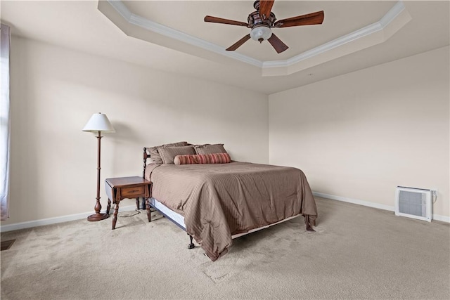 302 Pointe View Dr, Adams Twp, PA 16046 - carpeted bedroom with ornamental molding, a raised ceiling, baseboards, ceiling fan, and heating unit