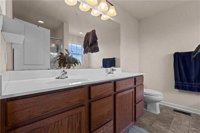 302 Pointe View Dr, Adams Twp, PA 16046 - full bathroom with double vanity, toilet, baseboards, an enclosed shower, and a chandelier