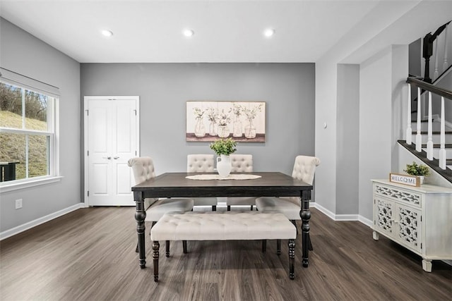 414 Greenwood Dr, North Strabane, PA 15317 - dining area featuring baseboards, wood finished floors, stairway, and recessed lighting