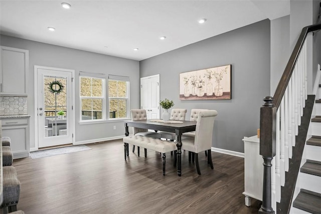 414 Greenwood Dr, North Strabane, PA 15317 - dining room featuring stairs, dark wood-type flooring, baseboards, and recessed lighting
