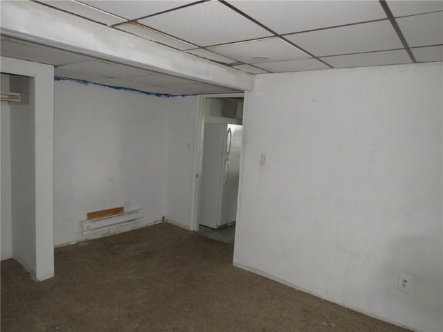 109 Parkfield St, Carrick, PA 15210 - finished below grade area with freestanding refrigerator, carpet floors, and a drop ceiling
