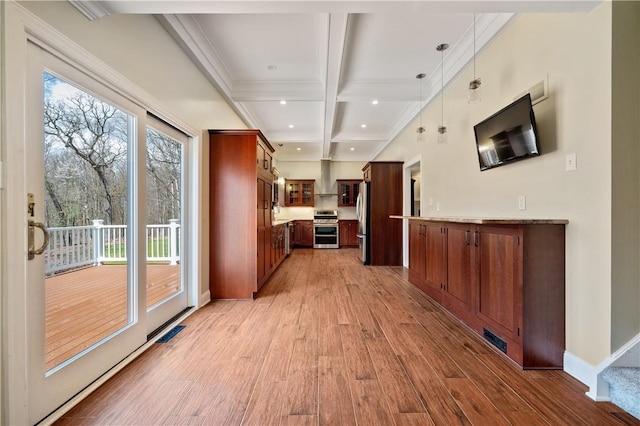 136 Wiegand Dr, Cranberry Twp, PA 16066 - kitchen featuring appliances with stainless steel finishes, coffered ceiling, beam ceiling, light wood-type flooring, and plenty of natural light