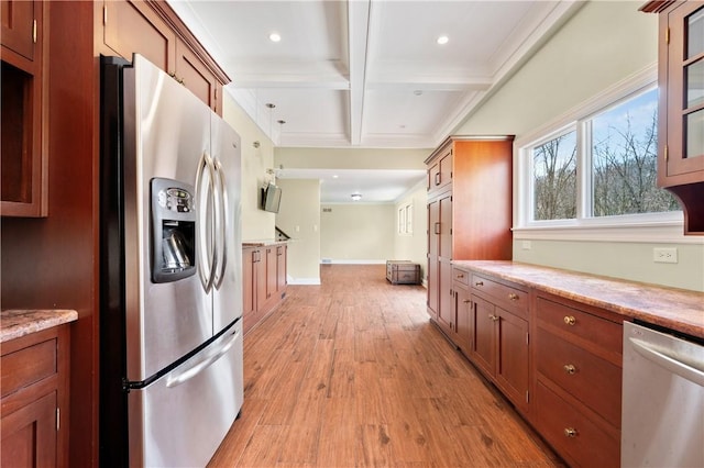136 Wiegand Dr, Cranberry Twp, PA 16066 - kitchen featuring appliances with stainless steel finishes, beamed ceiling, light wood finished floors, brown cabinets, and coffered ceiling