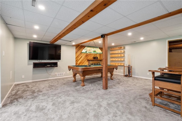 136 Wiegand Dr, Cranberry Twp, PA 16066 - playroom featuring carpet floors, a drop ceiling, pool table, and recessed lighting