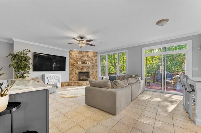 122 Hunter Dr, Cranberry Twp, PA 16066 - living area featuring light tile patterned floors, a ceiling fan, ornamental molding, and a fireplace