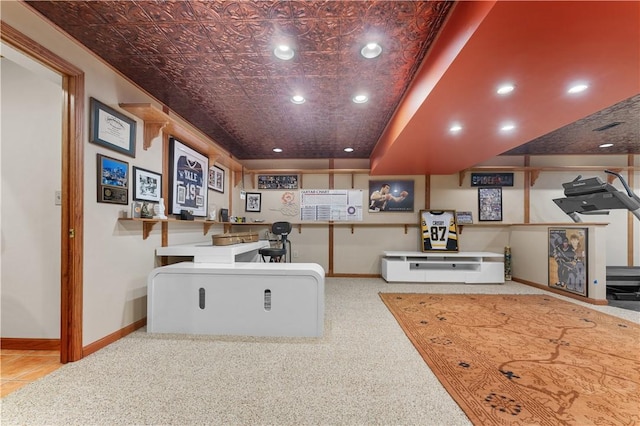 122 Hunter Dr, Cranberry Twp, PA 16066 - home office featuring baseboards, recessed lighting, an ornate ceiling, and carpet