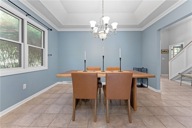 122 Hunter Dr, Cranberry Twp, PA 16066 - dining area featuring a raised ceiling, light tile patterned flooring, a chandelier, baseboards, and stairway