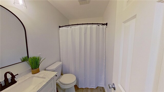 373 Cherokee Dr, Chippewa Twp, PA 15010 - bathroom featuring toilet, vanity, wood finished floors, and a shower with curtain