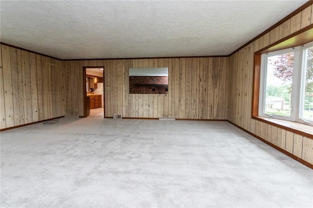 240 Connellsville St, Dunbar, PA 15431 - spare room with a textured ceiling, light carpet, crown molding, baseboards, and wood walls