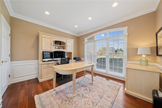 805 Saddleback Ct, Hempfield Twp Wml, PA 15601 - office area featuring dark wood-style floors, crown molding, wainscoting, and recessed lighting
