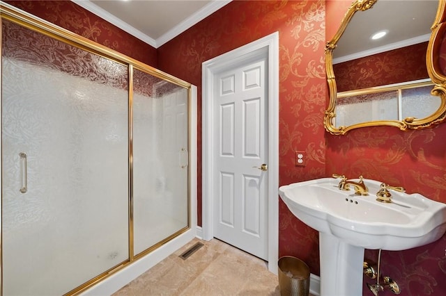 805 Saddleback Ct, Hempfield Twp Wml, PA 15601 - bathroom featuring a shower stall and ornamental molding