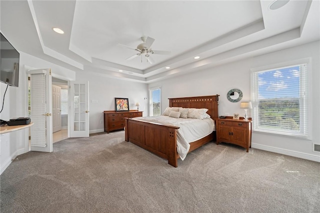 805 Saddleback Ct, Hempfield Twp Wml, PA 15601 - bedroom with a tray ceiling, french doors, light colored carpet, baseboards, and recessed lighting