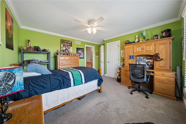 805 Saddleback Ct, Hempfield Twp Wml, PA 15601 - bedroom featuring ornamental molding, light colored carpet, a closet, ceiling fan, and an office area