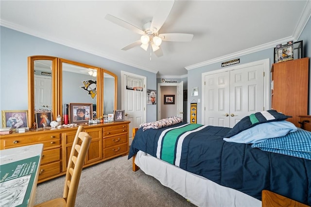 805 Saddleback Ct, Hempfield Twp Wml, PA 15601 - bedroom with crown molding, light colored carpet, a closet, and a ceiling fan