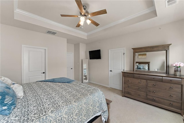 1001 Mohawk Ln, Marshall, PA 16046 - bedroom featuring a raised ceiling, light carpet, crown molding, baseboards, and ceiling fan