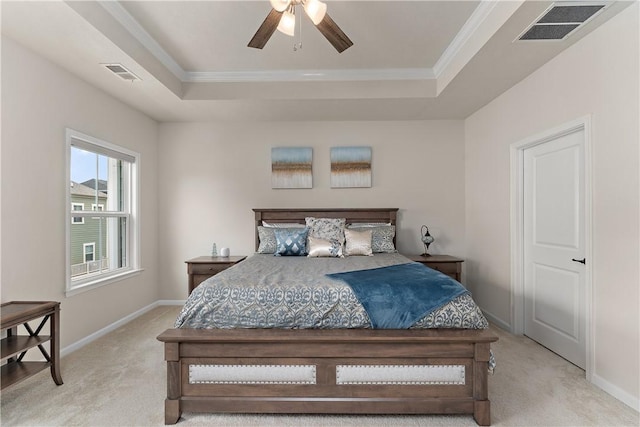 1001 Mohawk Ln, Marshall, PA 16046 - bedroom featuring light colored carpet, a tray ceiling, crown molding, baseboards, and ceiling fan