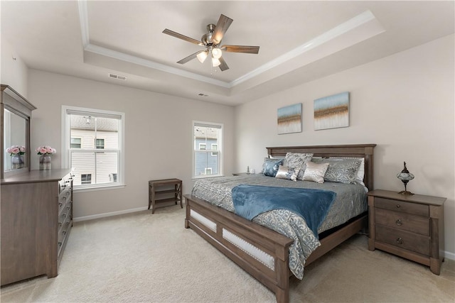 1001 Mohawk Ln, Marshall, PA 16046 - bedroom featuring a tray ceiling, crown molding, light carpet, baseboards, and a ceiling fan