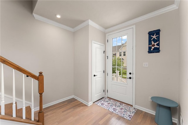1001 Mohawk Ln, Marshall, PA 16046 - entryway featuring crown molding, light wood-style flooring, baseboards, stairway, and recessed lighting