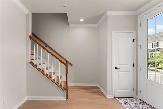 1001 Mohawk Ln, Marshall, PA 16046 - foyer entrance with wood finished floors, crown molding, baseboards, stairs, and recessed lighting