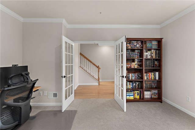 1001 Mohawk Ln, Marshall, PA 16046 - home office with french doors, ornamental molding, carpet, and baseboards