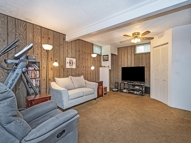 1646 Millers Run Rd, Mount Pleasant Twp Was, PA 15057 - living room with wood walls, carpet, ceiling fan, and beamed ceiling