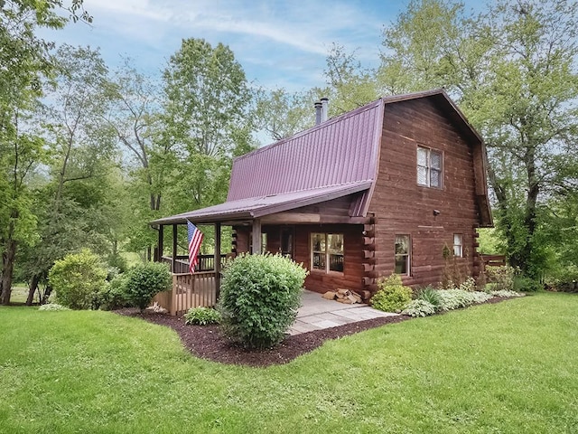 1646 Millers Run Rd, Mount Pleasant Twp Was, PA 15057 - rear view of property featuring a gambrel roof, a lawn, metal roof, log siding, and a patio area