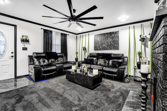 1228 Soles St, Mckeesport, PA 15132 - living area featuring ornamental molding, ceiling fan, marble tiled flooring, and baseboards