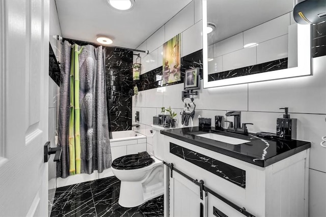 1228 Soles St, Mckeesport, PA 15132 - full bath with marble look tiles, shower / bathtub combination with curtain, toilet, and vanity