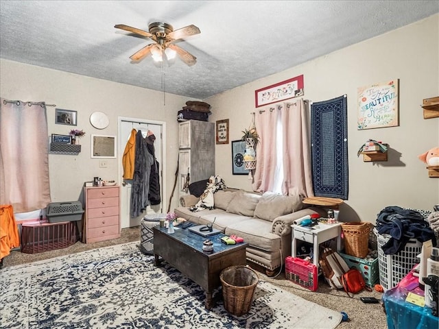 7641 Big Beaver Blvd, Big Beaver, PA 16157 - carpeted living room featuring a ceiling fan and a textured ceiling