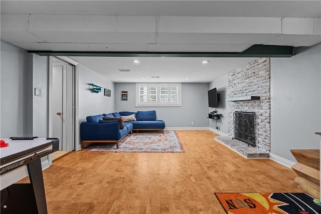 22 Green Crescent Dr, South Strabane, PA 15301 - living room with a fireplace, baseboards, light wood-style floors, and recessed lighting