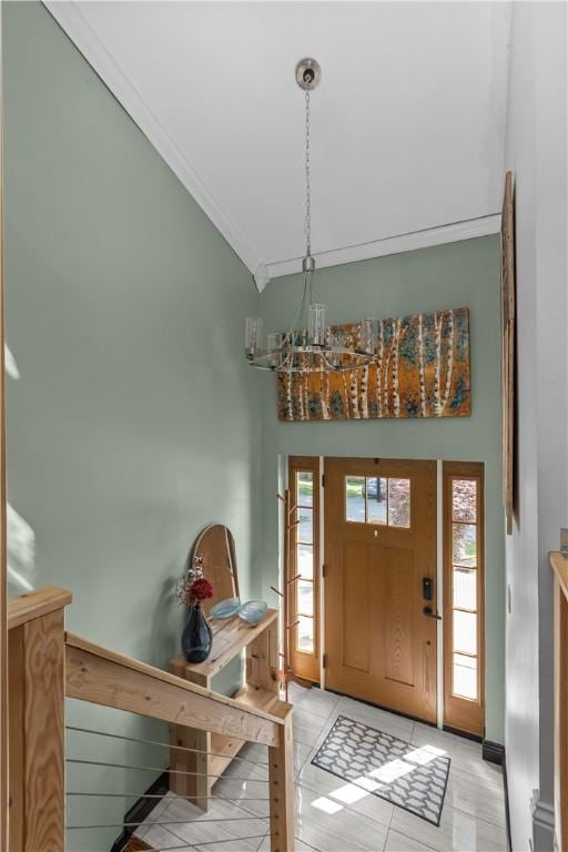 22 Green Crescent Dr, South Strabane, PA 15301 - entryway featuring ornamental molding, baseboards, lofted ceiling, a chandelier, and light tile patterned floors