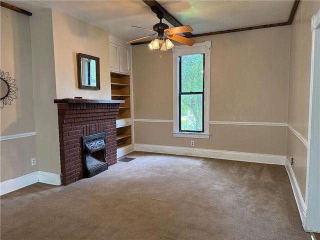 216 Center St, Slippery Rock Boro, PA 16057 - unfurnished living room with carpet flooring, a brick fireplace, ceiling fan, and baseboards