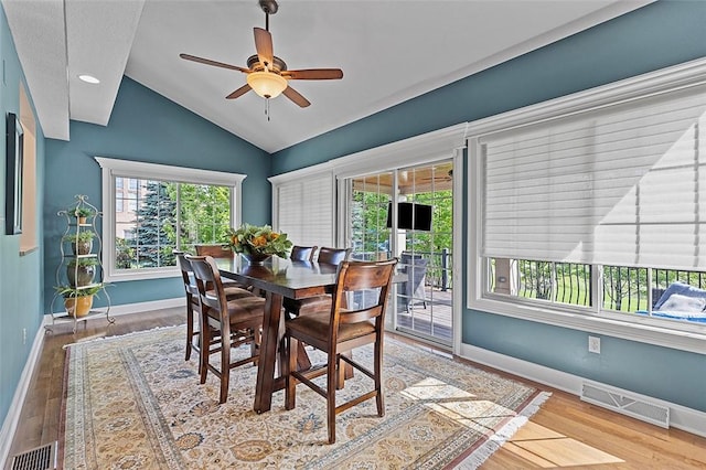 317 Buckingham Dr, Peters Twp, PA 15367 - dining area with lofted ceiling, wood finished floors, ceiling fan, baseboards, and recessed lighting