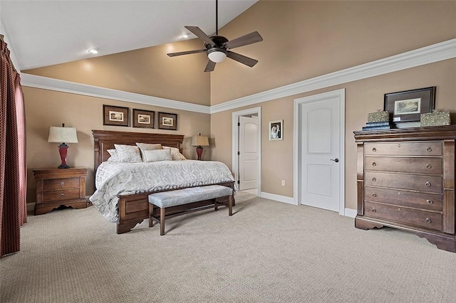317 Buckingham Dr, Peters Twp, PA 15367 - carpeted bedroom with high vaulted ceiling, baseboards, and ceiling fan