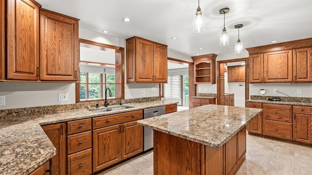 240 La Ray Dr, Center Twp But, PA 16001 - kitchen featuring a sink, dishwasher, brown cabinetry, plenty of natural light, and recessed lighting