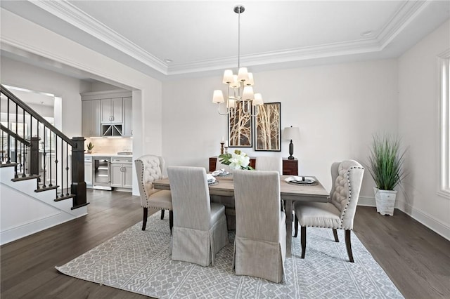 304 Azalea Ln, Marshall, PA 15005 - dining area with a chandelier, dark wood-style floors, stairs, beverage cooler, and crown molding