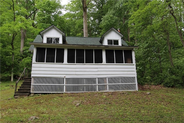 116 Camp Ln, Ligonier Twp, PA 15658 - view of outdoor structure featuring a sunroom and stairs