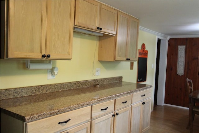 116 Camp Ln, Ligonier Twp, PA 15658 - kitchen featuring light brown cabinets, dark wood-type flooring, crown molding, and dark stone countertops