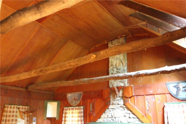 116 Camp Ln, Ligonier Twp, PA 15658 - detailed view of wooden walls and wooden ceiling with exposed beams