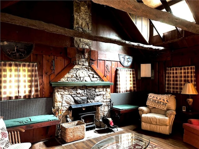 116 Camp Ln, Ligonier Twp, PA 15658 - living room with wood finished floors, wooden walls, and lofted ceiling